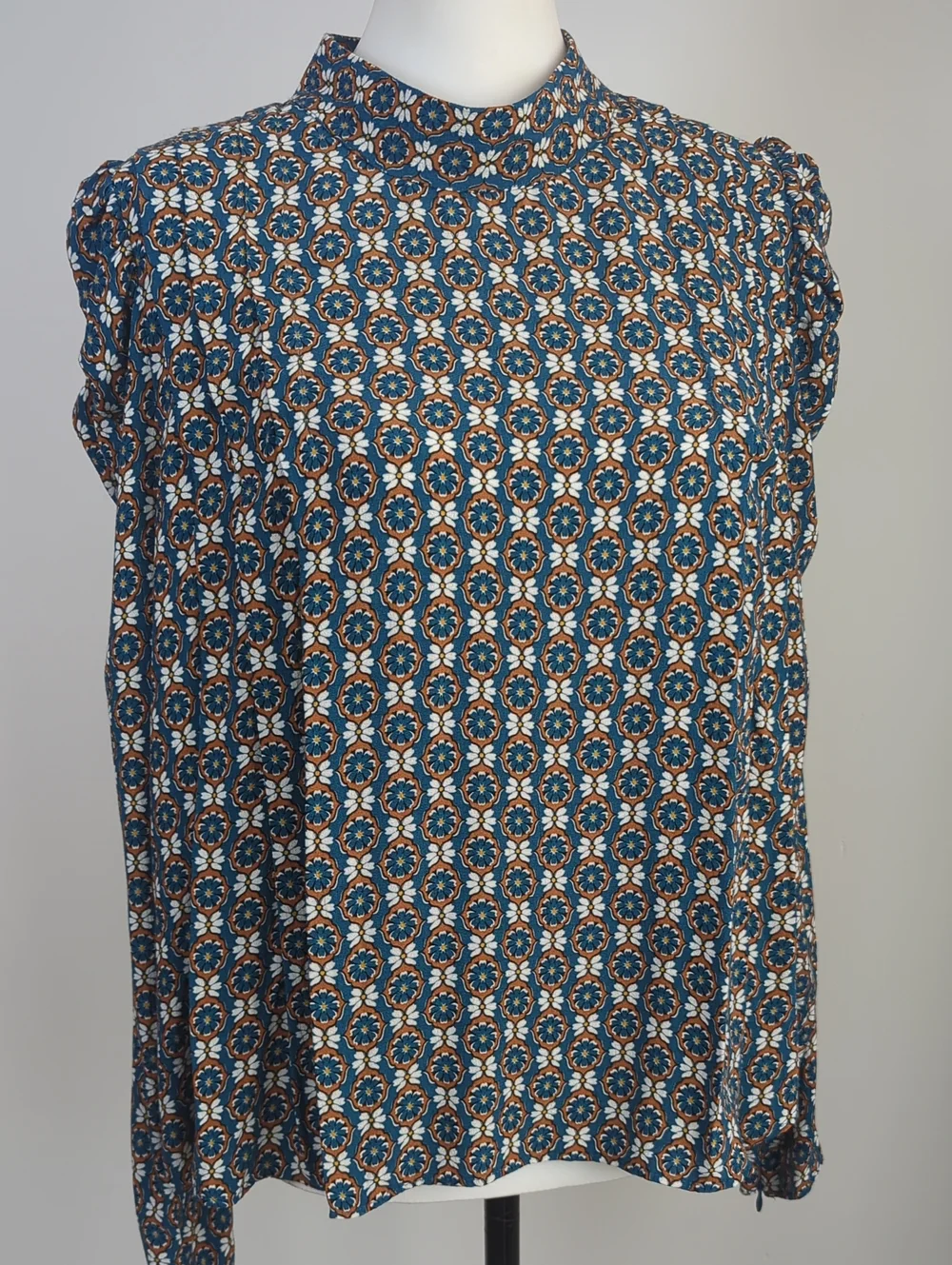 NWT Zara Boho Floral Medallion High Neck Long Puff Sleeve Blouse Teal LARGE